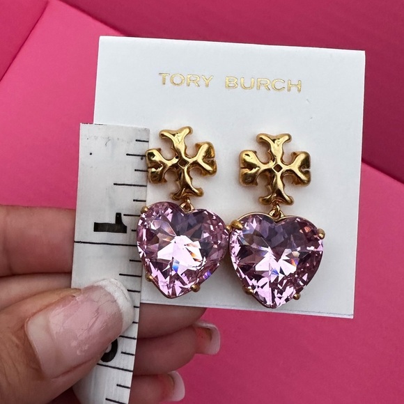 Pink 💖Tory Burch Crystal Heart Earrings Kira gold logo studs miller earring - Picture 5 of 11